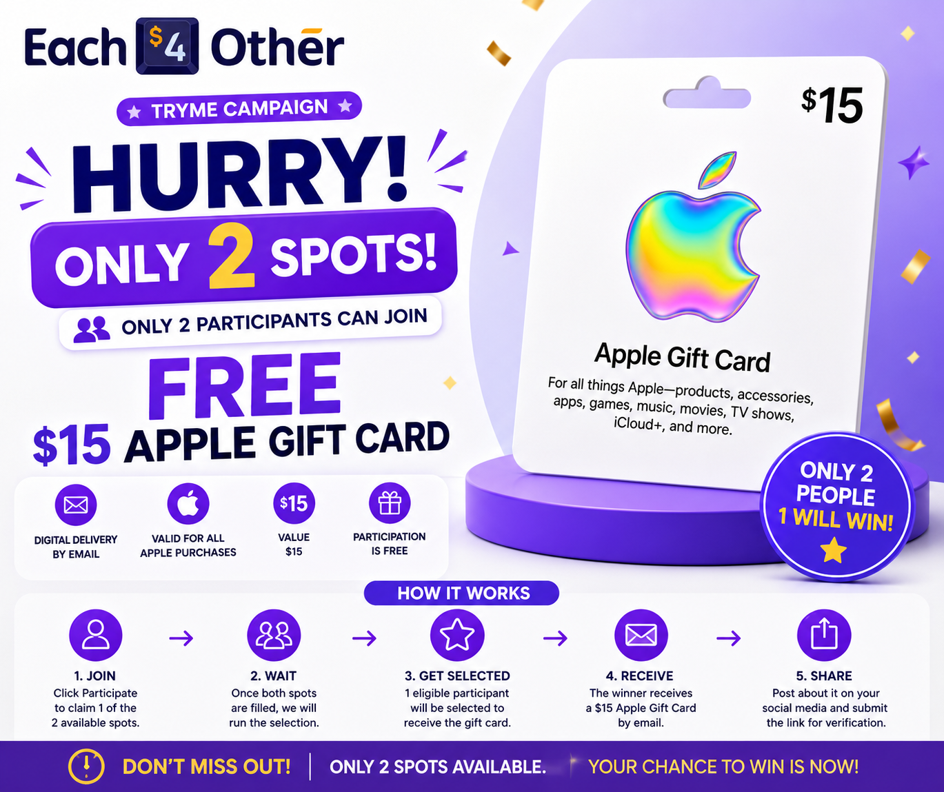 Hurry! Only 2 Spots — Free $15 Apple Gift Card